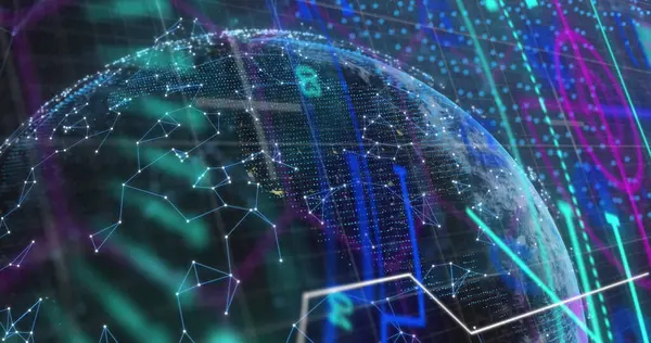 Hareket eden bağlantı ağı üzerinden bağlantı ağına sahip dünya görüntüsü. Küresel ağ ve teknoloji kavramı.