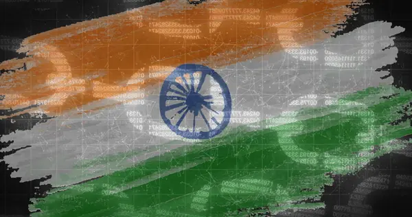 Arka planda Hindistan bayrağı üzerinde akan bitcoin sembollerinin resmi. Küresel işletme finansmanı ve kripto para birimi piyasa konsepti dijital olarak oluşturulmuş görüntü.