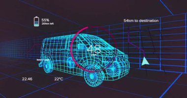 Mavi ızgara üzerinde süzülen kablo çerçeve modeli, hız göstergesi, pil simgesi, rota oku gösteriyor. Futuristik, teknoloji, dijital, otomotiv, navigasyon, yenilik, simülasyon