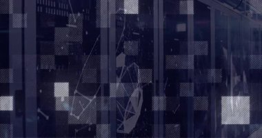 Mavi ızgara boyunca dönen birbirine kenetlenmiş kareler, yarı saydam düğüm örgüsünü düz tasarımda gösteriyor. Geometrik, dijital, modern, fütürist, teknolojiden esinlenilmiş, soyut, ağ