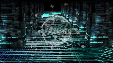 Teknoloji ağına bağlanan bir grup profesyonel, kablo küresi ve kod kuleleri gösteriyor. Fütürist, dijital, teknoloji, yenilik, ağ, sanal, siber