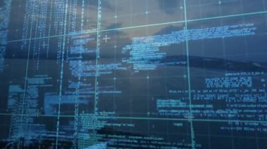 3D animasyon, kıyı şeridini kaplayan mavi ızgarayı gösterirken artı işaretleriyle birlikte kodu kaydırıyor. Gelecek, dijital, teknoloji, kıyı, soyut, ağ, analiz