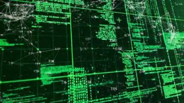 Yeşil kod ve düğümleri gösteren soyut dijital ağ görselleştirmesi karanlık ızgarada canlandırılıyor. Siber güvenlik, veri analizi, fütüristik, teknoloji, dijital arayüz, ağ mimarisi, bilgi akışı