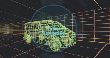Sanal ızgara tünelinde dönen neon yeşil SUV kablo modeli mavi HUD anahtar arayüzünü gösteriyor. Fütürist, teknoloji, dijital, arayüz, 3D, sanal, yenilik