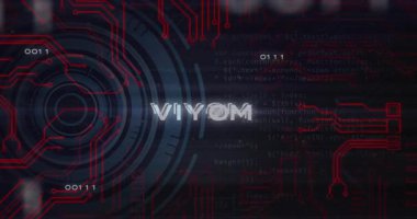 Bilim kurgu arayüzünde yüzen kırmızı VIRUS etiketi tarama hatlarını ve eş merkezli devre yollarını bozuyor. Gelecekçi, siber güvenlik, dijital, teknoloji, arayüz, yüksek teknoloji, yenilik