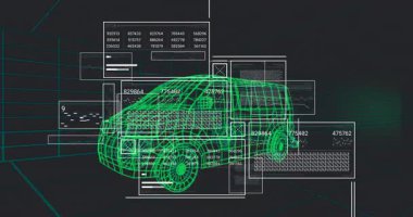 Sanal 3 boyutlu çalışma alanında yüzen neon yeşil kablo araba modeli veri panellerini ve ızgaraları gösteriyor. Fütüristik, teknoloji, veri görselleştirme, dijital, yenilik, üç boyutlu modelleme, sanal ortam