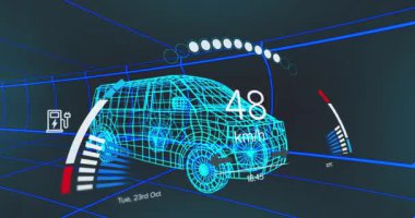 Cyan kablosuz SUV neon ızgara tünelinde ilerliyor, 100 km veya h hız ve pil simgesi gösteriyor. Gelecekçi, teknoloji, mühendislik, sanal, araştırma, otomotiv, siber punk