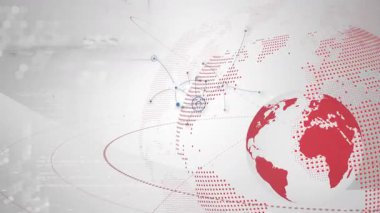 Grafik tasarımcısı, yüzen kırmızı küre ve mavi düğümlerle teknoloji ağı tuvalini manipüle ediyor. Gelecek, teknoloji, bağlantı, dijital, soyut, yenilik, ağ