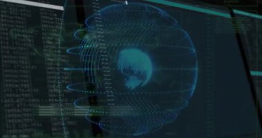 Verilerle çevrelenmiş mavi dijital küreyi görselleştirmek, gösterge panelinde dönerek kod parçacıkları ve grafikleri göstermek. Fütürist, yüksek teknoloji, veri görselleştirme, dijital arayüz, bilgi analizleri, siber, sanal gerçeklik