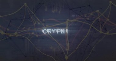 KRYPTO harfleri parlayarak karanlık arayüz üzerinde titreşiyor, ağ düğümlerini ve devre izlerini ortaya çıkarıyor. Fütürist, dijital, teknoloji, veri, siber güvenlik, ağ, arayüz