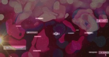 Girdap halinde kırmızı lekeler, yüzen bildirim simgeleri, mercek parlamaları içeren soyut dijital sahne. Soyut, dijital efektler, kozmik, canlı, fütüristik, kullanıcı arayüzü, teknoloji