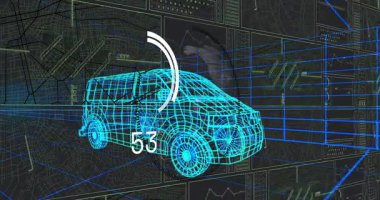 Neon mavi telli araba, karanlık harita panelleri üzerinde dönüyor, neon ızgara çizgileri ve veri çizelgeleri gösteriyor. Futuristik, teknoloji, dijital, arayüz, analitik, görselleştirme, yüksek teknoloji