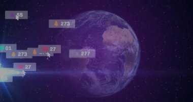 Dünya gezegeni 3 boyutlu uzayda dönüyor, yüzen medya bildirim simgeleri ve veri halkaları gösteriliyor. Gelecekçi, küresel, teknoloji, bağlantı, veri, görselleştirme, dijital