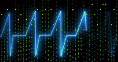 Neon mavisi ECG dalga biçimi çizgi düz tasarımda siyah ekran üzerinde akan yeşil ikilik kod. Gelecek, teknoloji, siber, dijital, arayüz, yüksek teknoloji, veri