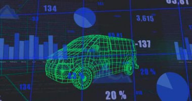 Koyu renk gösterge panelinde süzülen 3 boyutlu kablo karavan modeli, veri etiketli mavi çizelgeleri gösteriyor. Sanal gerçeklik, veri analizi, dijital arayüz, fütüristik tasarım, teknik görselleştirme, endüstriyel, yüksek teknoloji