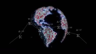 Veri örtülerini gösteren dijital küre, beyaz çizgi grafiğini deltalar ile veri işaretleyicilerini birleştiriyor. Teknoloji, veri görselleştirme, yenilik, analitik, dijital arayüz, fütüristik, siber güvenlik