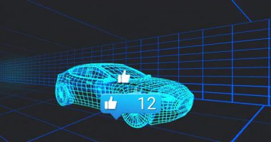 Kablo çerçeveli spor araba modeli 3 boyutlu ızgarada dönüyor, yüzen başparmaklar yukarı simgeleri ve 47 'yi gösteriyor. Fütürist, teknoloji, dijital, yenilik, 3D görüntüleme, sanal, siber