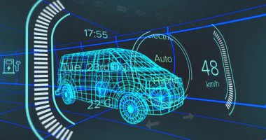 Neon mavi 3D ızgara içinde, kıvrımlı göstergeler ve simgeler gösteren elektrikli minibüs modelidir. Gelecekçi, teknoloji, dijital, arayüz, araç, gösterge paneli, yenilik