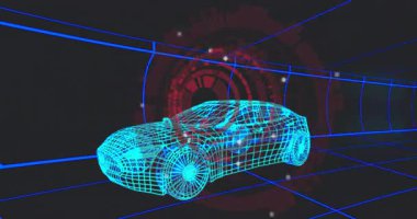 Neon cyan wirefram spor araba modeli neon şebeke duvarlarıyla sanal tünelde geziniyor. Fütürist, siber, dijital, teknoloji, sanal, gösterişli, sürükleyici