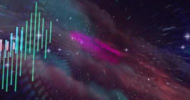 3D veri canlandırma canlandırması nebula sahnesinde, şeffaf çubuklar ve eğri çizgi grafiklerini gösteriyor. Soyut, fütüristik, teknoloji, dijital, canlı, dinamik, dalgın