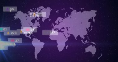Kozmik zemin üzerinde yüzen mor dünya haritası, çemberleri ve sosyal medya rozetlerini gösteriyor. Küresel, teknoloji, dijital, bilgi, fütüristik, ağ, bağlantı