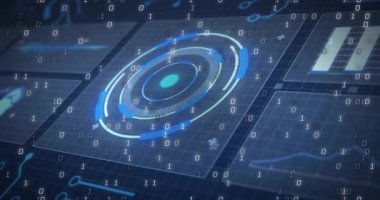 Konsantrik dairesel HUD olay yerinde dönüyor, şebeke panellerinin üzerinde yüzen ikili basamaklar var. Teknoloji, siber güvenlik, veri görselleştirme, dijital arayüz, gelecekçilik, yenilik, ağ