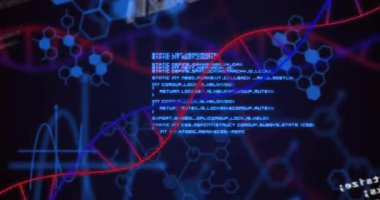 Kırmızı ve mavi DNA 'yı birleştirerek arayüz boyunca çift sarmal oluşturarak altıgen moleküller ve kodlar oluşturuyorlar. Moleküler, biyoteknoloji, fütüristik, algoritma, dijital, yenilik, bilim