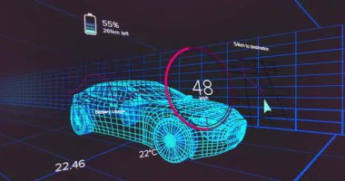 Neon mavi kablo araba modeli hız göstergesi pil grafiği ve navigasyon haritasını 3 boyutlu ızgarada gösteriyor. Gelecekçi, teknoloji, otomotiv, veri görselleştirme, sanal gerçeklik, dijital, yenilik