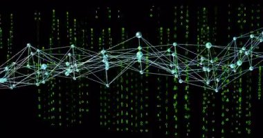 Koyu yeşil ikili haneler arasında süzülen parlayan ağ düğümlerini gösteren 3D görüntüleme, veri ağı oluşturur. Gelecek, teknoloji, soyutlama, dijital, siber, bağlantı, yenilik
