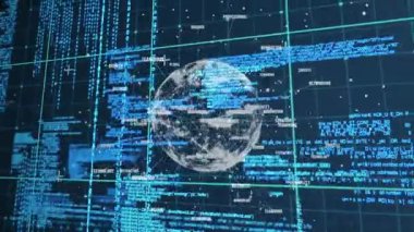 Veri analisti teknoloji arayüzünü takip ediyor, kablo küresi, yüzen etiketler, parlayan kod akışları. Fütürist, dijital, ağ, teknoloji, bağlantı, veri, siber