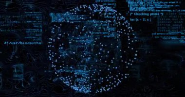 Küresel ağ, parlayan mavi düğümleri, yüzen kod parçacıklarıyla birlikte koyu 3D renkte gösteriyor. Teknoloji, siber uzay, veri, yenilik, bağlantı, dijital, gelecekçi