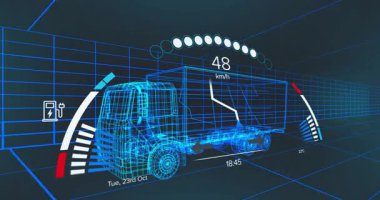 Koyu mavi 3D ızgara boşluğunda dönen kablo çerçeveli kargo kamyonu göstergeler, simgeler ve veri okumaları gösteriyor. Gelecek, teknoloji, dijital, arayüz, ulaşım, otomasyon, yenilik