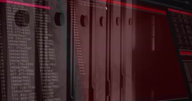 Kırmızı renkli düzenleyici arayüzü içeren kod ve terminal yayınlarını gösteren bilgisayar monitörü. Teknoloji, programlama, geliştirme, yazılım, dijital, arayüz, kodlama