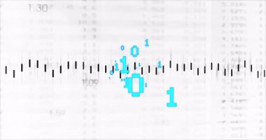 Veri görselleştirmesi, soluk sayılar üzerinde siyah çizgilerin arasında yüzen neon mavi ikili basamakları gösteriyor. Fütürist, teknoloji, dijital, soyut, siber, veri, modern