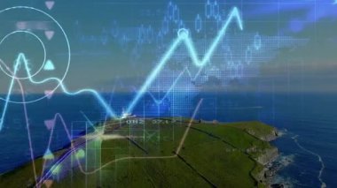 Dönek sahil burnu yolu, dijital şamdan altında fener feneri ve 3 boyutlu grafikler gösteriyor. Manzara, manzara, modern, analitik, deniz, kıyı, teknoloji