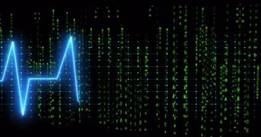 Neon ECG dalga formu dijital ızgara boyunca titreşiyor, düşen ikili haneli rakamları ve parlayan düğümleri gösteriyor. Gelecekçi, siber, teknoloji, dijital, veri görselleştirme, arayüz, analitik