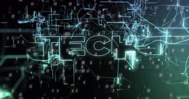 Koyu arkaplan üzerinde süzülen parlayan TECH metni, ikili basamaklar ve devre çizgileri gösteriliyor. Neon, gelecekçi, dijital, yenilik, teknoloji, siber, ağlar