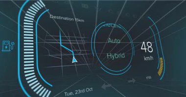 Karanlık şebekeye yansıyan dijital otomatik HUD 3D yansıtma, kablo haritası ve yarı dairesel halka. Fütürist, teknolojik, sanal, parlak, dijital, etkileşimli, navigasyon