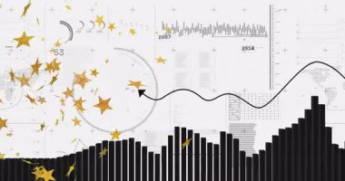 Veri canlandırması Infographic UI ile canlandırılıyor, siyah çizelge çizelgesi grafiği, altın yıldızlar gösteriliyor. Analizler, gösterge paneli, minimalist, teknoloji, içgörü, dijital, istatistik
