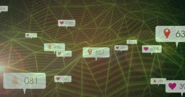 3D kablo örgüsü üzerinde yüzen dijital veri görselleştirmesi, kalp pin sayımı simgeleri gösteriyor. Gelecek, teknoloji, siber, analitik, etkileşimli, ağ, geometrik