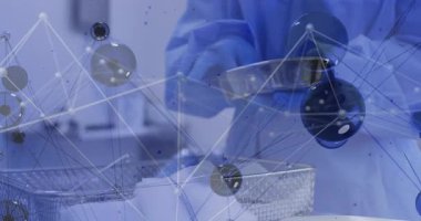 Eldivenli eldiven, tepside paslanmaz çelik kase, dijital ağ kaplamasını 3 boyutlu olarak gösteriyor. Tıbbi, teknoloji, sterilizasyon, yenilik, klinik, güvenlik, fütüristik