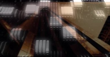 Canlandırılmış 3 boyutlu ızgara, yüzen yanan panelleri gösteriyor çapraz ışık çizgileriyle ikili kod yayıyor. Fütürist, dijital, soyut, teknoloji, veri, holografik, canlı