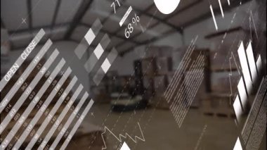 Depoda yüzen veriler pasta segmentlerini, ızgara çubuklarını ve harita etiketlerini gösteriyor. Analitik, lojistik, endüstriyel, dijital, fütüristik, verimlilik, planlama