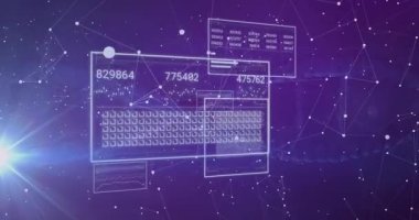 Satır ve çubuk grafiklerini, veri ve ağ düğümlerini gösteren açık panelleri gösteren gelecekçi dijital UI. Teknoloji, yenilik, veri görselleştirme, dijital arayüz, siber, modern, soyut