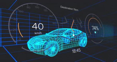 Karanlık ızgara üzerinde dönen 3D telli spor araba 100 km veya h 'de hız göstergesi, batarya göstergesi. Gelecek, teknoloji, otomotiv, yenilik, sanal, dijital, aerodinamik