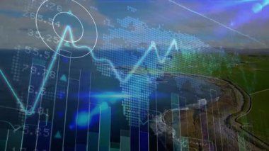 Sahil şeridinde hareket eden dijital finans örtüsü, dünya haritası, Cyan çizgi grafiği ve bar grafiği gösteriliyor. Peyzaj, teknoloji, veri görselleştirme, finansal, geleceksel, doğa, analitik