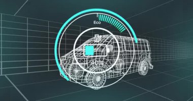 Üç boyutlu ızgarada yüzen kablo çerçeveli araç modeli tam şarj verimlilik göstergesi gösteriyor. Teknoloji, yenilik, fütüristik, otomotiv, dijital sanat, sürdürülebilirlik, görselleştirme