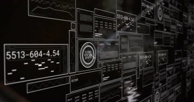 Dijital çizelgeleri ve sayısal ızgaraları 3 boyutlu olarak gösteren yüzen veri panelleri ışığı kesiyor. Fütüristik, teknoloji, veri, arayüz, analitik, görselleştirme, donanımlı