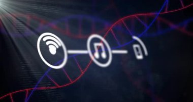 Dairesel veri simgelerinin üçlüsü düz tasarımda kod arkaplanı üzerinden aktarılıyor. Teknoloji, siber güvenlik, veri görselleştirme, dijital yenilik, fütürizm, ağ, bağlantı