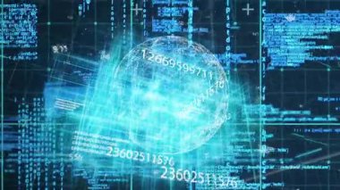 Kablo çerçeve küresi dijital ağda merkezde dönüyor, yüzen kod ve ızgara düzlemlerini gösteriyor. Fütüristik, teknolojik, soyut, siber, ağ, veri